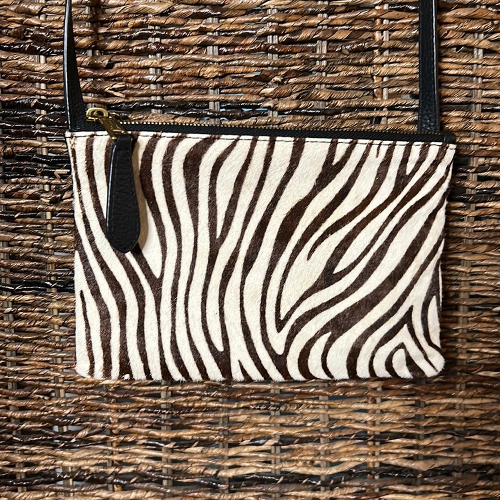 Zebra print leather double pouch crossbody purse | EUC